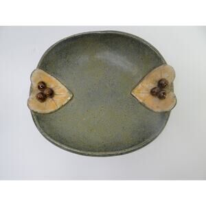 Green Pottery Plate with Leaf & Berry Accents, Inscribed "Blessings" underneath